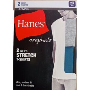 Hanes T-Shirts Mens 2-Pack Crew Stretch Ultimate Slim Teal Grey 2XL (50-52")